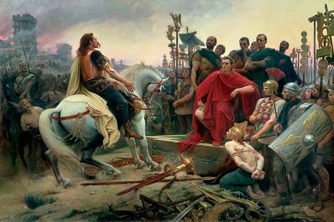 Gemälde von 1899 zeigt einen Mann auf einem Pferd vor Caesar stehend, drum herum viele Soldaten