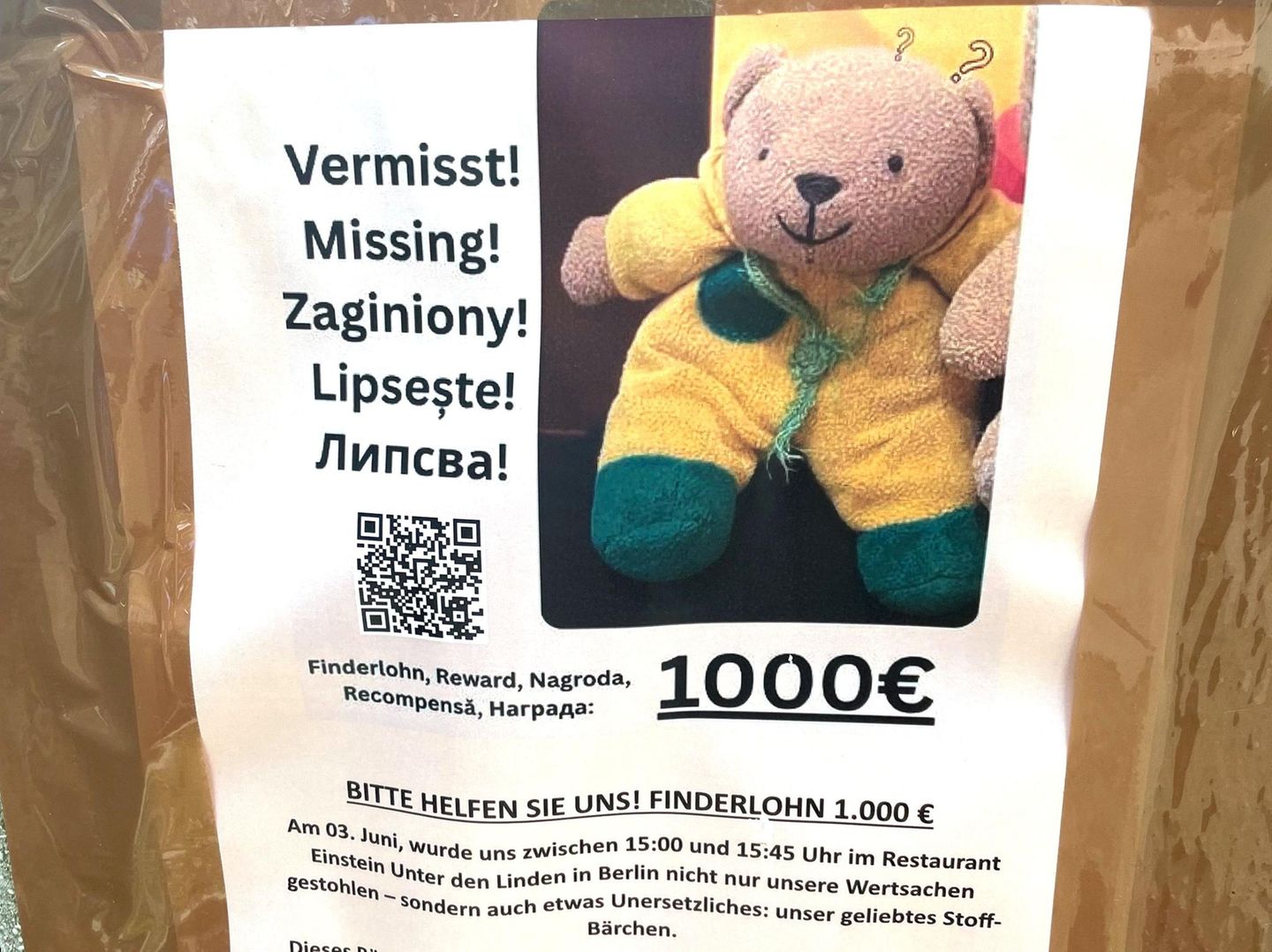 Die Vermisstenanzeige des Teddybär