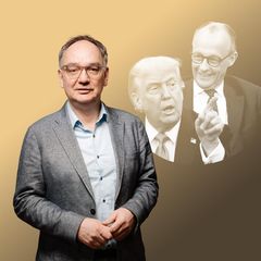 Nico Fried und als Layover im Hintergrund: Donald Trump und Friedrich Merz