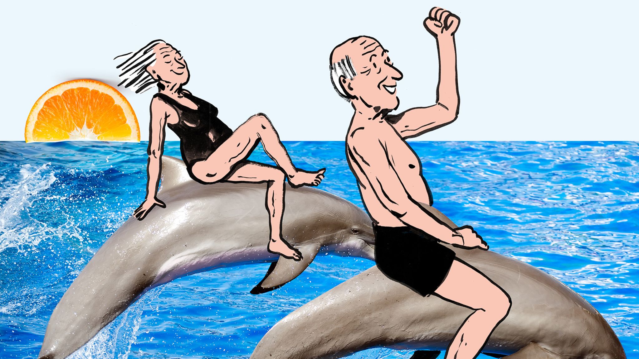 Illustration zur Rente: Zwei Rentner reiten auf Delfinen in Badeklamotten