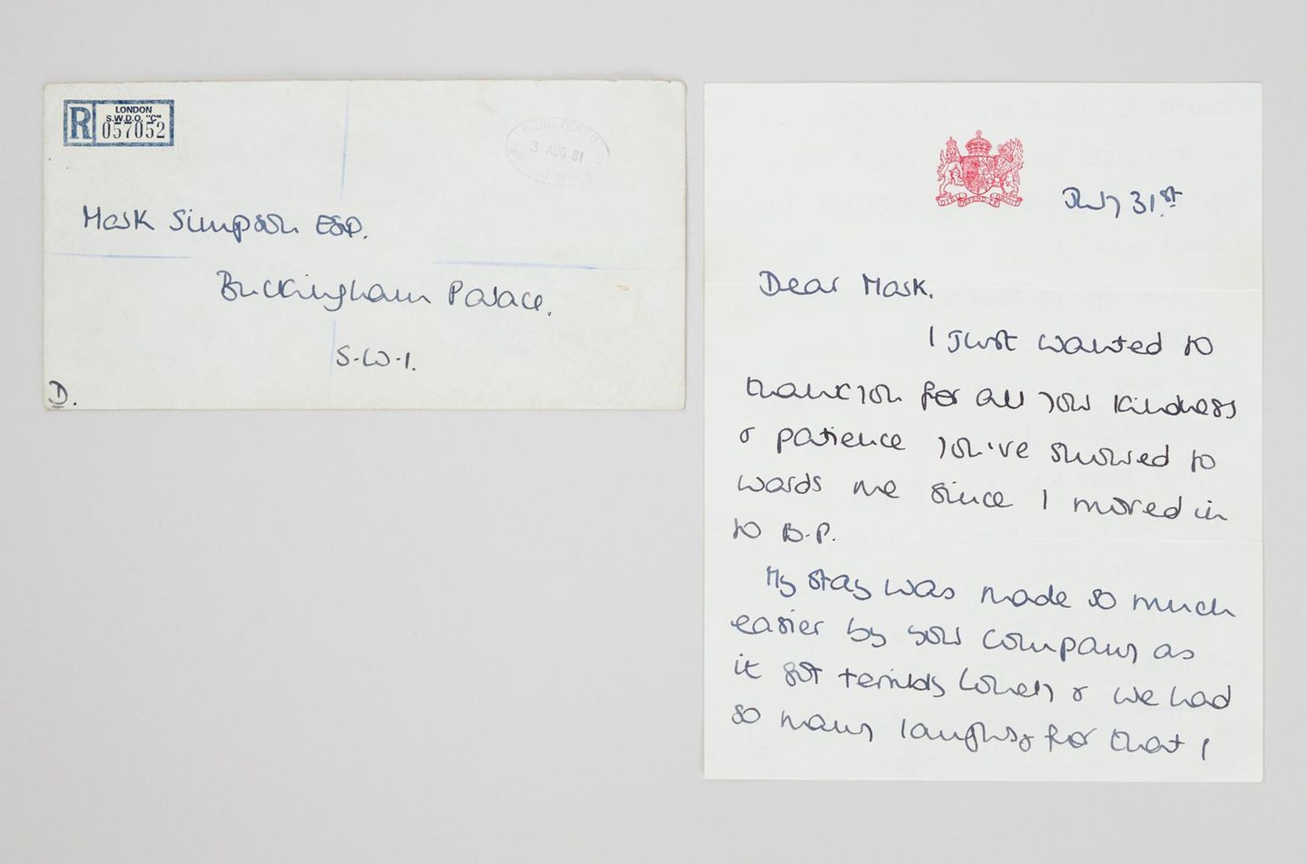 Ein handgeschriebener Brief von Lady Di an ihren Palastdiener