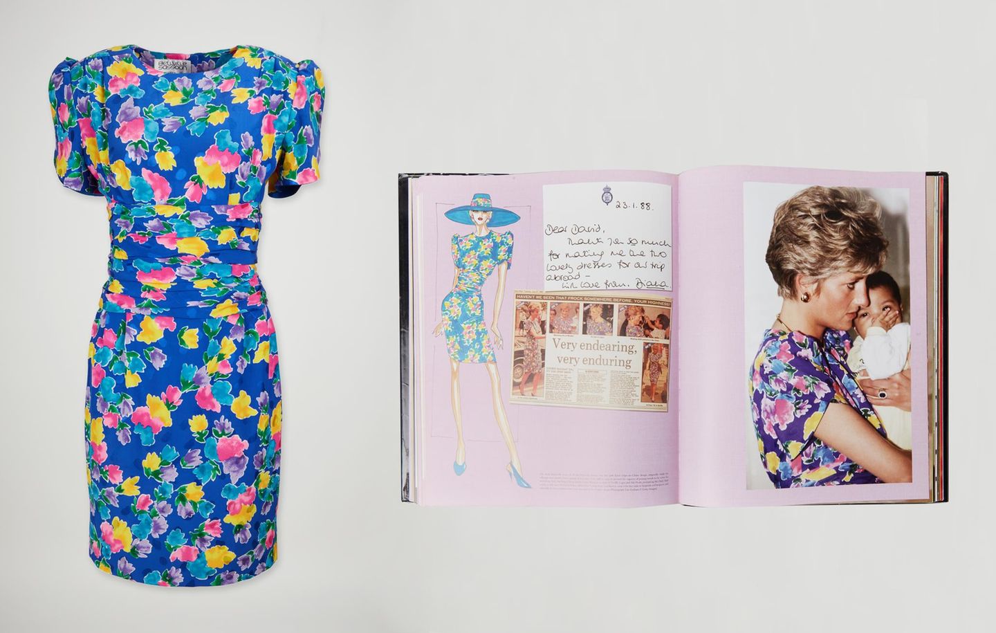 Blumenkleid, daneben ein Buch in dem Diana ein Säugling auf dem Arm trägt
