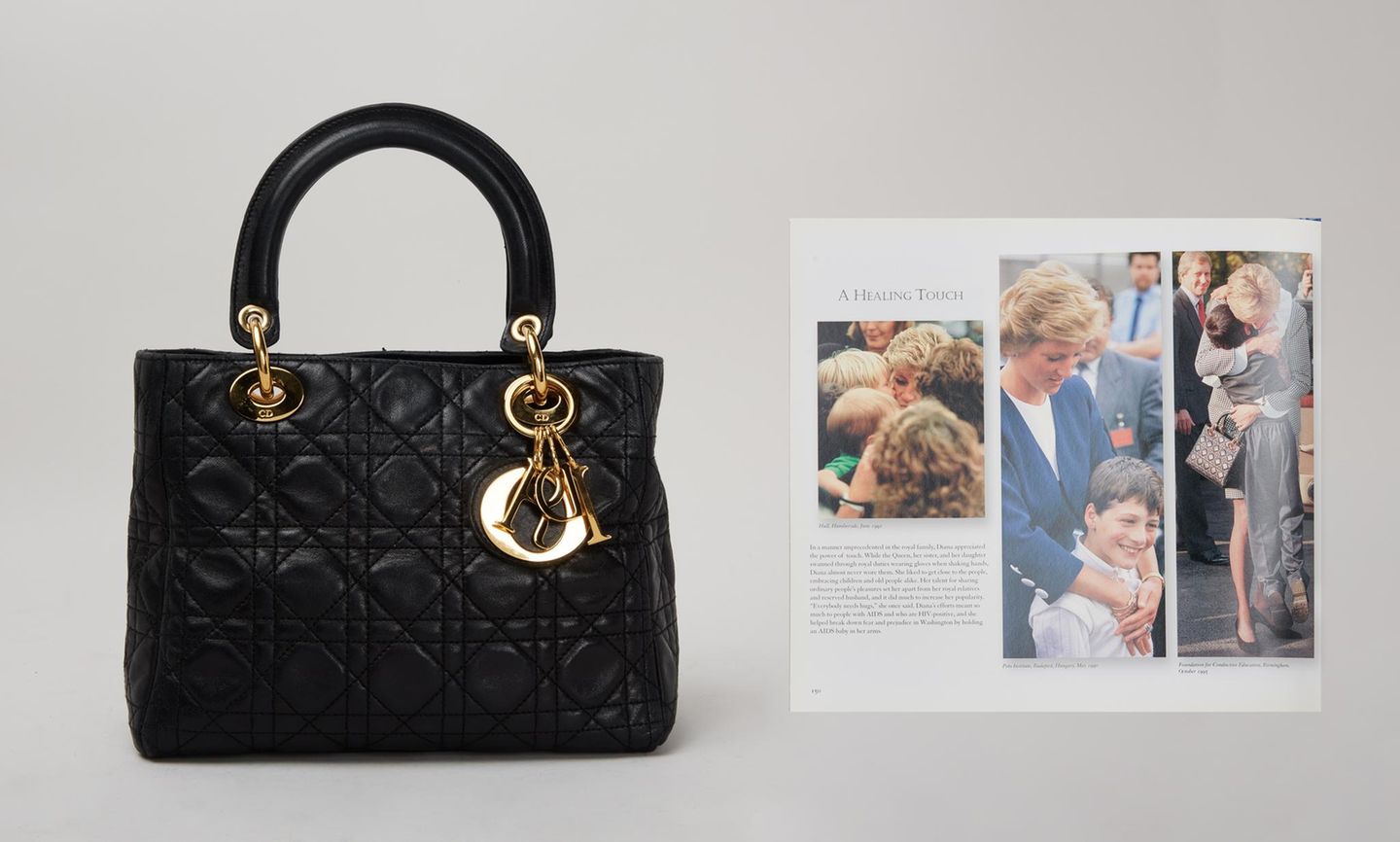 Schwarze. Dior Handtasche, daneben ein Foto wie Diana die Tasche trägt