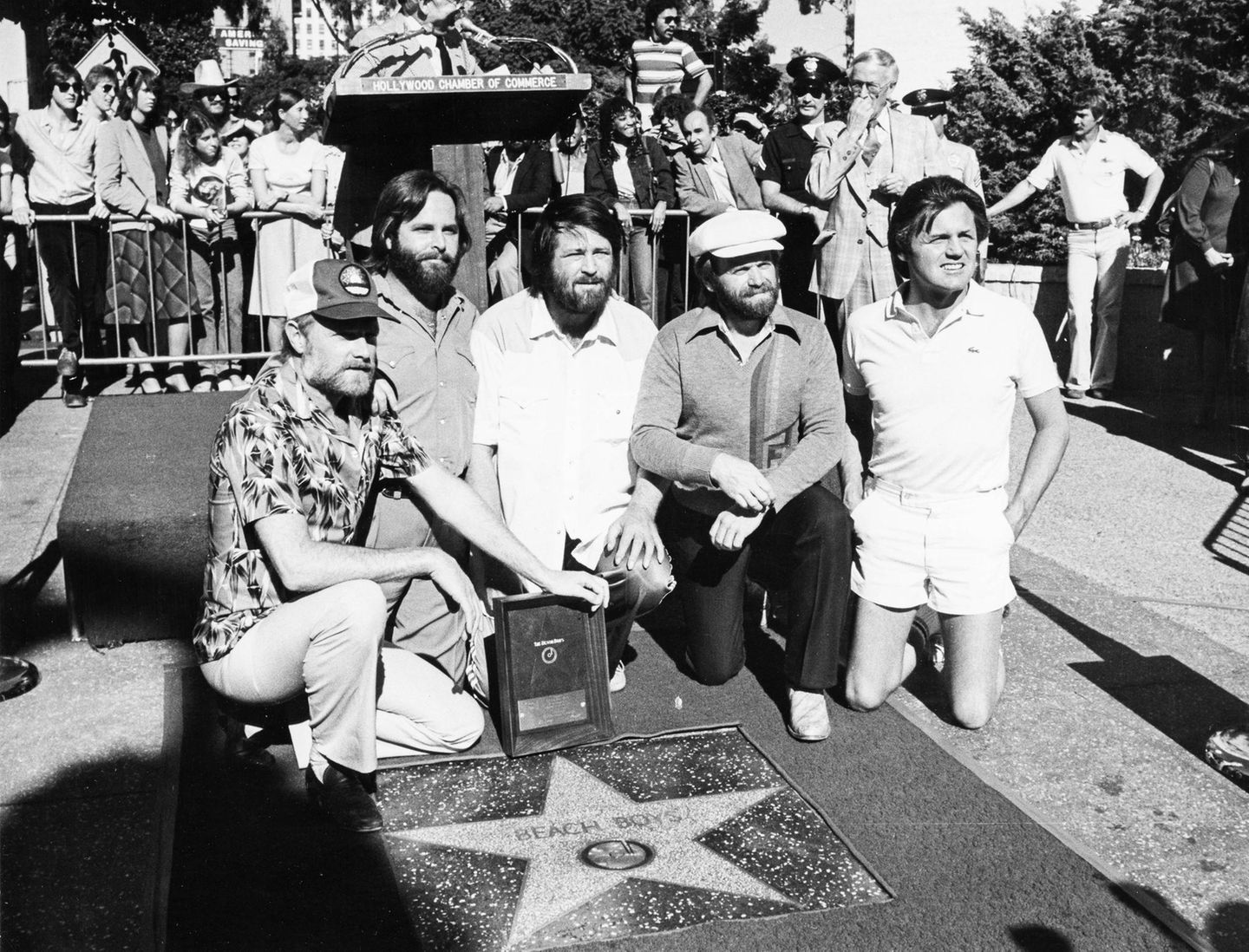 Brian Wilson und die Beach Boys knien vor ihrem Stern auf dem Hollywood Walk of Fame