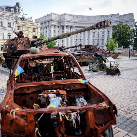 Destroyed Russian tanks and vehicles are on the square in front of the St. Michaelis Monastery.