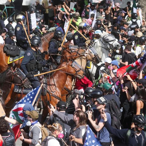 A work of Donald Trump: mounted police and demonstrators