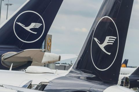 Die Leitwerke dreier Lufthansa-Flugzeuge auf dem Flughafen Frankfurt