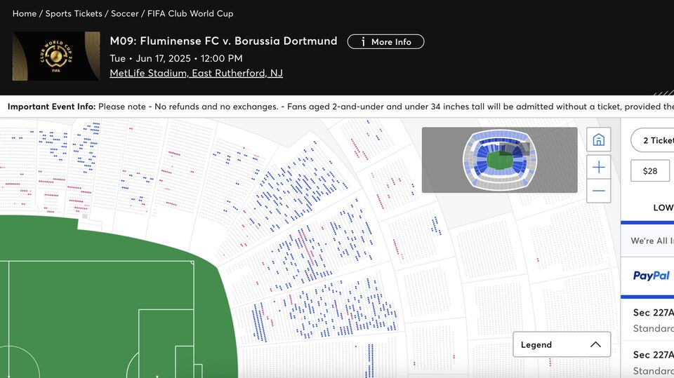 Ein Screenshot von Ticketmaster zeigt noch zahlreiche Tickets bei der Fifa Klub-WM