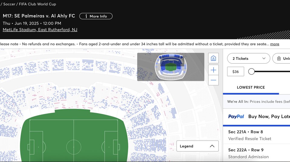 Ein Screenshot von Ticketmaster zeigt die halbleeren Ränge eines Spiels der Fifa Klub-WM