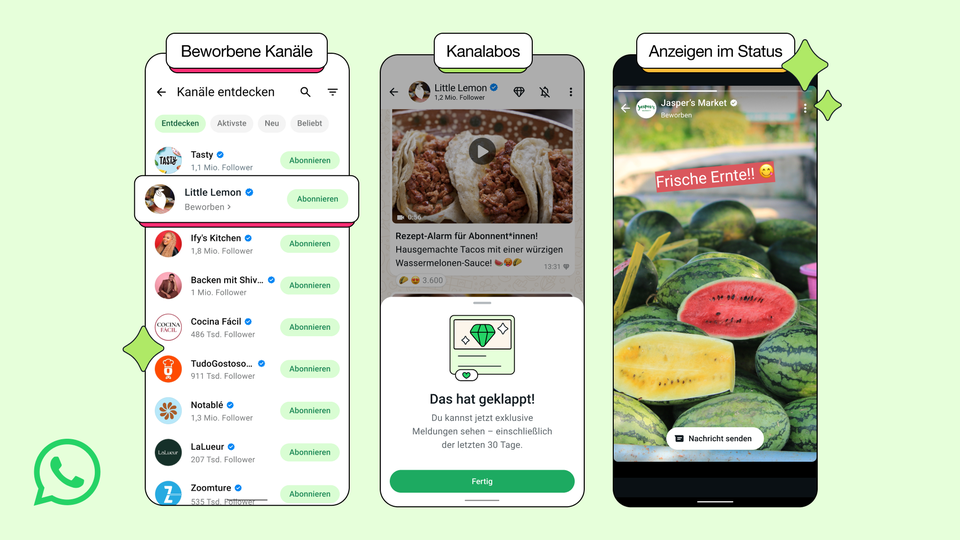 Drei Screenshots von Whatsapp zeigen, wie die Werbung konkret aussieht Drei Screenshots von Whatsapp zeigen, wie die Werbung konkret aussieht