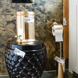 Extravagante Toilette mit goldenem Klobürstenhalter