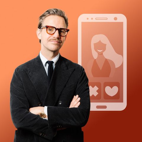 Montage zeigt Sebastian Tigges vor einer Handy-Illustration, Thema Dating