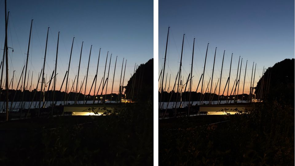 Der Fotovergleich von Samsung Galaxy S25 Edge und iPhone 16 Pro zeigt Segelboote in der blauen Stunde
