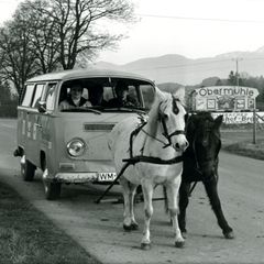 Zwei Pferde als Gespann ziehen einen VW - Kleinbus