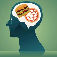 Illustration eines Kopfes mit Burger und Pizza im Gehirn