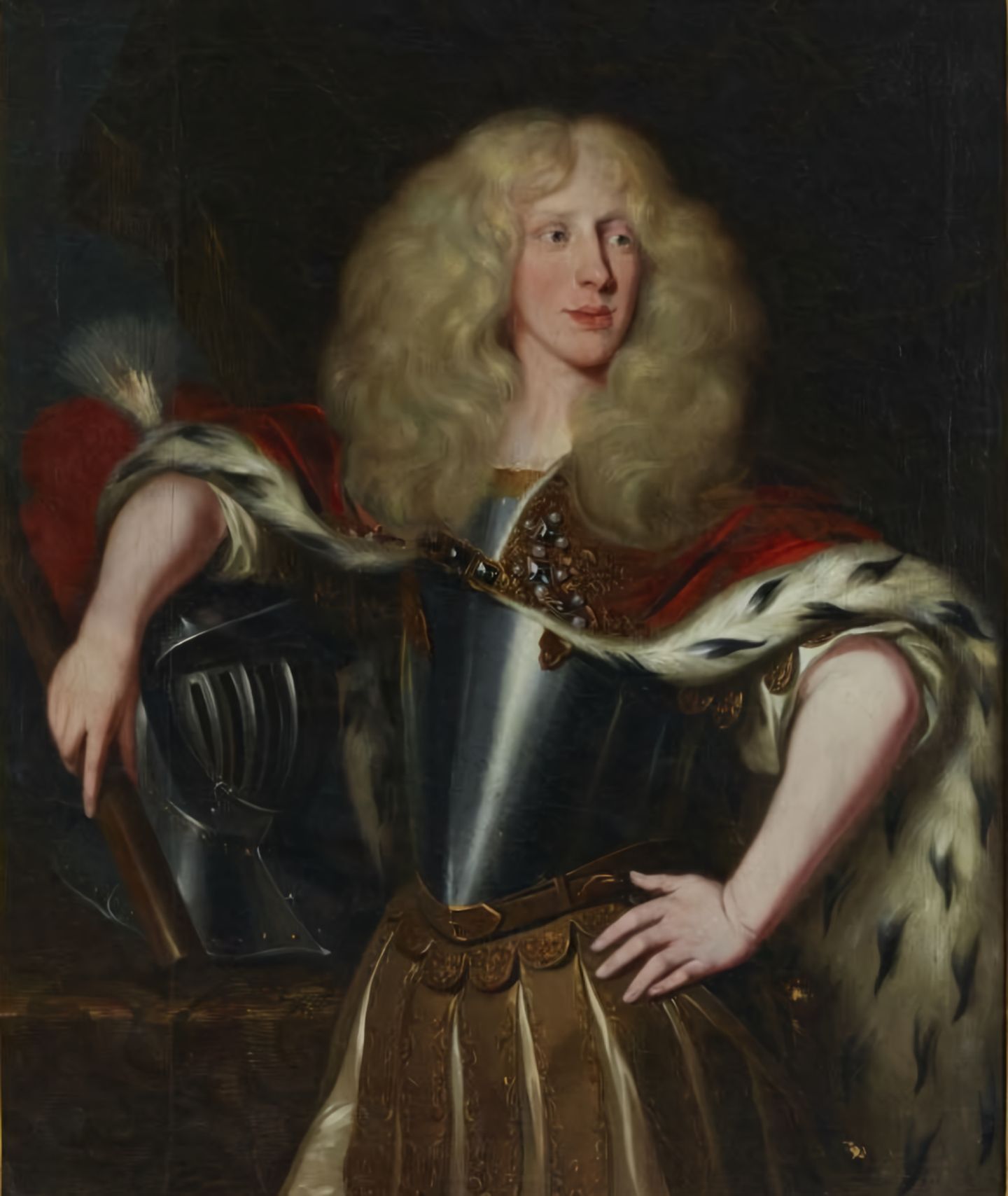 Katharina von Wattenwyl (1645–1714) – Im Dienst des Sonnenkönigs Gemaltes Porträt einer Frau mit wallenden blonden Haaren und Harnisch, den Arm in die Hüfte gestemmt
