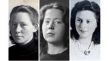 Porträtfotos von drei jungen Frauen mit mittellangen, gescheitelten Haaren, schwarz-weiß, 1940er Jahre