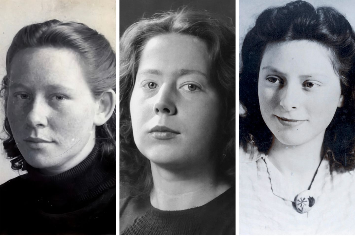Hannie Schaft, Truus und Freddie Oversteegen – Das tödliche Trio Porträtfotos von drei jungen Frauen mit mittellangen, gescheitelten Haaren, schwarz-weiß, 1940er Jahre
