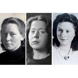 Porträtfotos von drei jungen Frauen mit mittellangen, gescheitelten Haaren, schwarz-weiß, 1940er Jahre