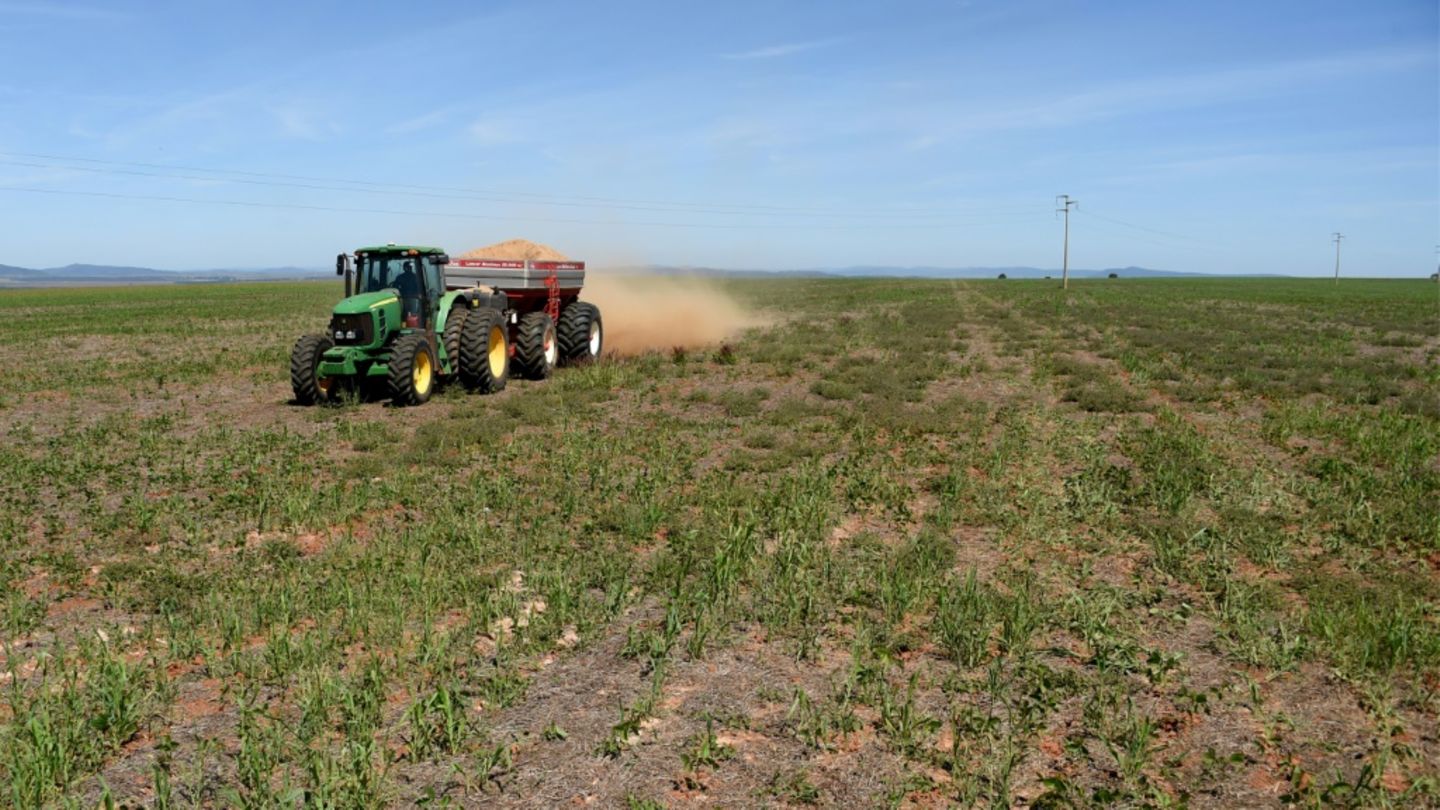 Bauer auf einem Feld bringt Dünger aus
