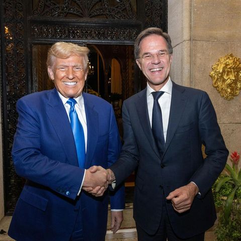NATO boss Mark Rutte shakes Donald Trump at a meeting together