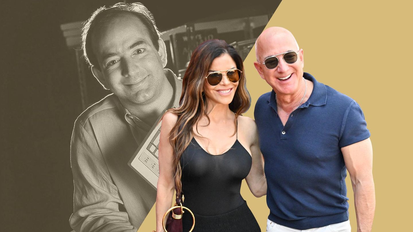 Jeff Bezos mit seiner Frau. Im Hintergrund ein altes Bild von Jeff Bezos Jeff Bezos mit seiner Frau. Im Hintergrund ein altes Bild von Jeff Bezos