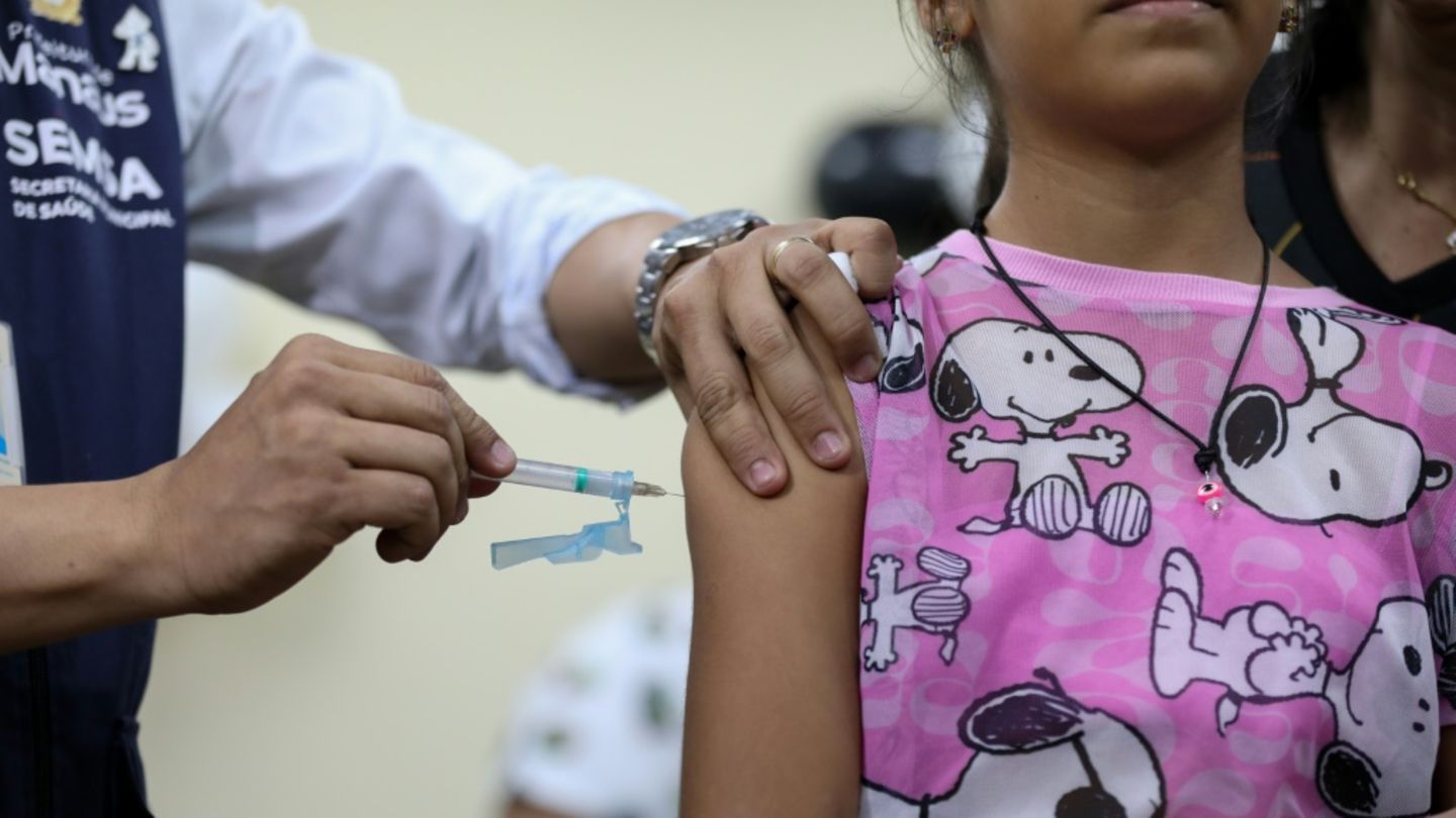 Une enfant reçoit une dose de vaccin contre la dengue à Manaus, dans l'Etat d'Amazonas, au Brésil, le 22 février 2024