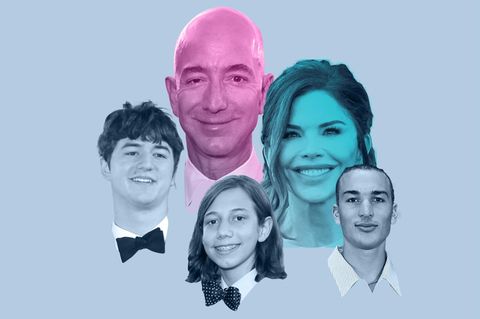 Fotomontage von Jeff Bezos und Lauren Sanchez mit zwei von seinen Kindern und ihrem Sohn