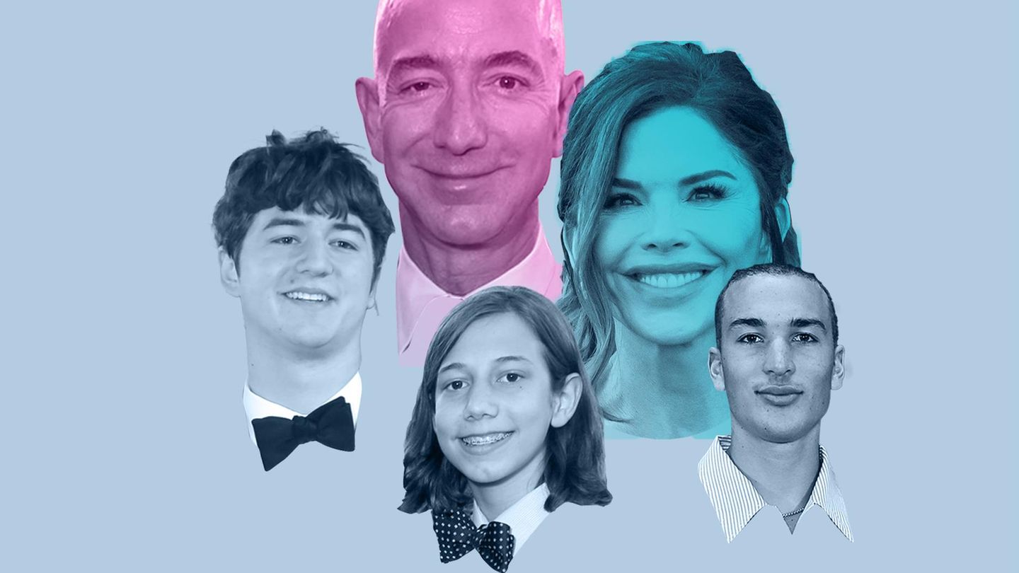 Fotomontage von Jeff Bezos und Lauren Sanchez mit zwei von seinen Kindern und ihrem Sohn