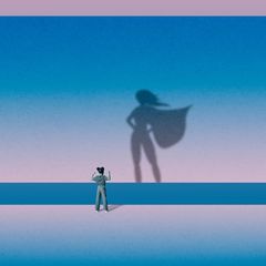 Träume: Illustration von einem Mädchen mit einem Superheldinnen-Schatten an einem blauen Hintergrund