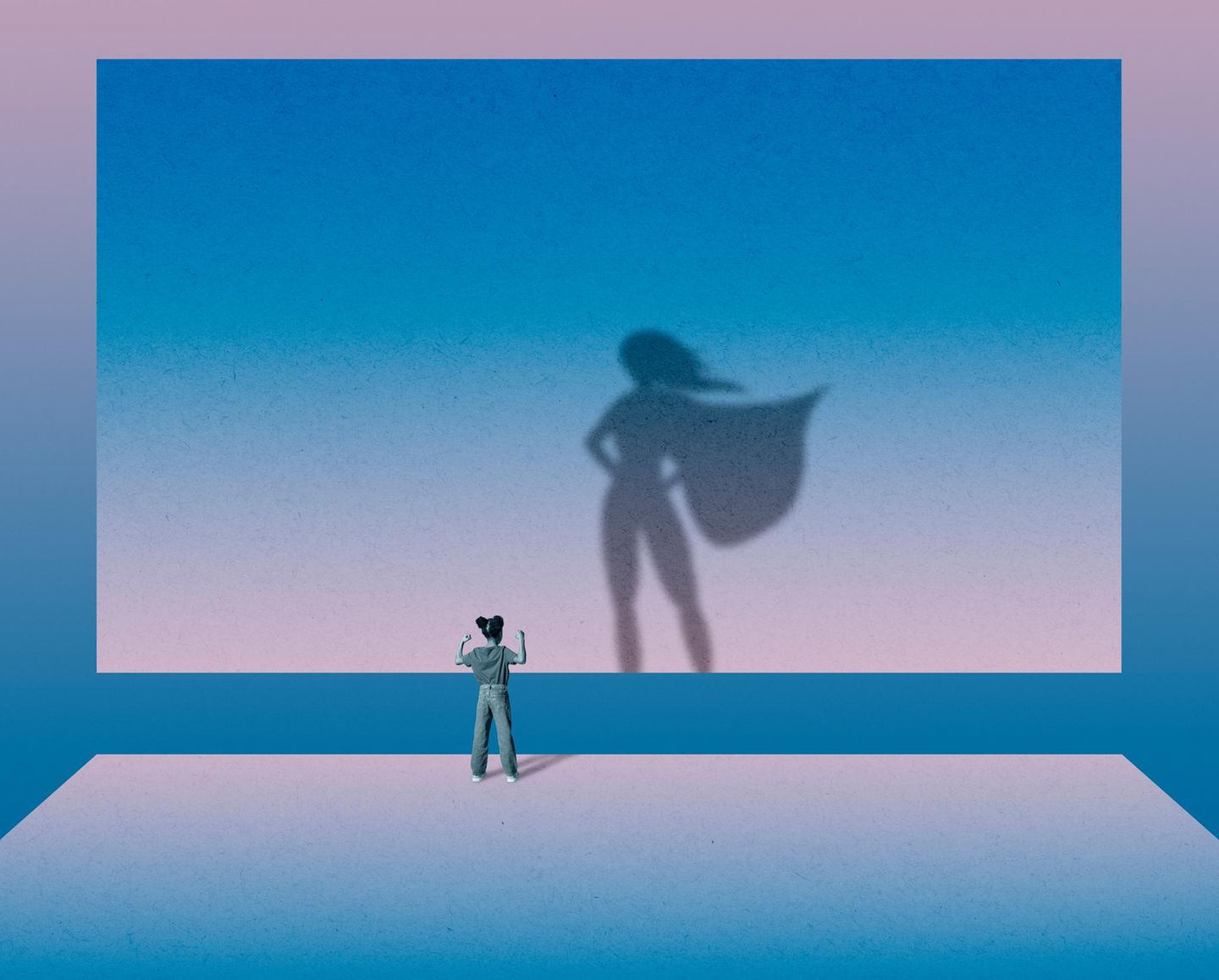 Träume: Illustration von einem Mädchen mit einem Superheldinnen-Schatten an einem blauen Hintergrund