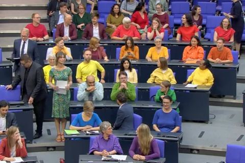 Grüne Fraktion mit Regenbogen-Protest im Bundestag