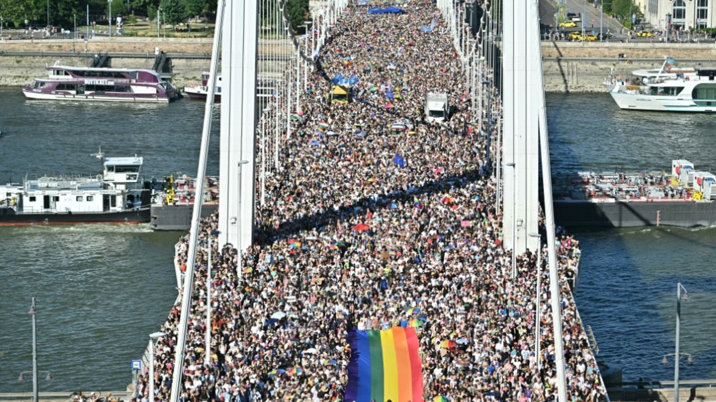 Demonstranten mit riesiger Pride-Flagge in Budapest