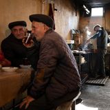 Männer sitzend am Tisch und im Hintergrund am Herd