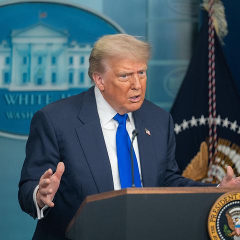 President Donald Trump speaks in the press room of the White House in Washington DC