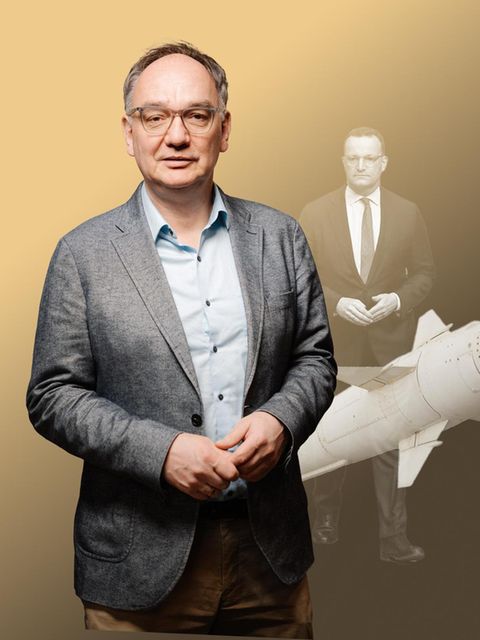 Collage von Nico Fried mit einer Rakete und Jens Spahn im Hintergrund