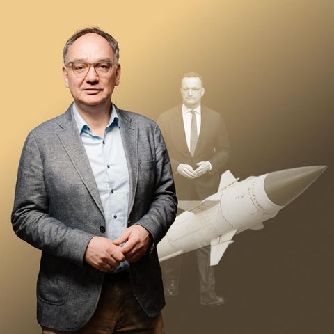 Collage by Nico Fried with a rocket and Jens Spahn in the background