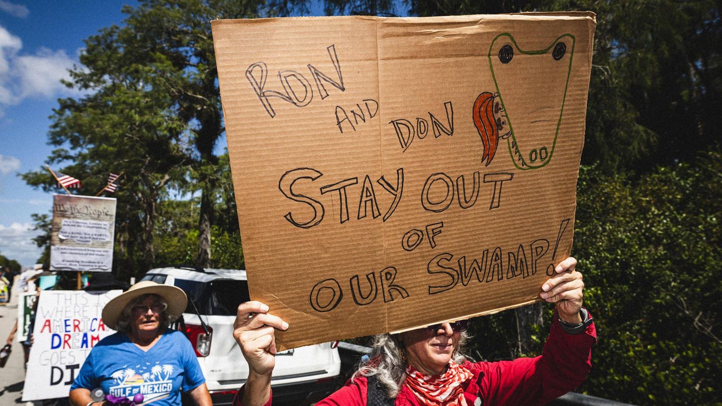 Diese Demonstrantin fordert Floridas Gouverneur Ron de Santis und US-Präsident Donald Trump auf, sich aus den Sümpfen fernzuhalten.