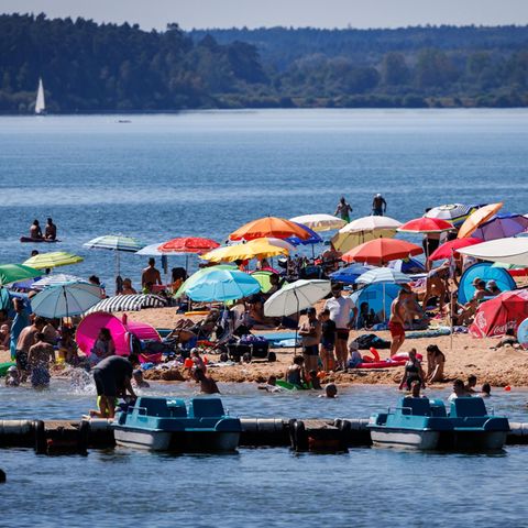 Unter Sonnenschirmen liegen Badegäste am Brombachsee in Bayern