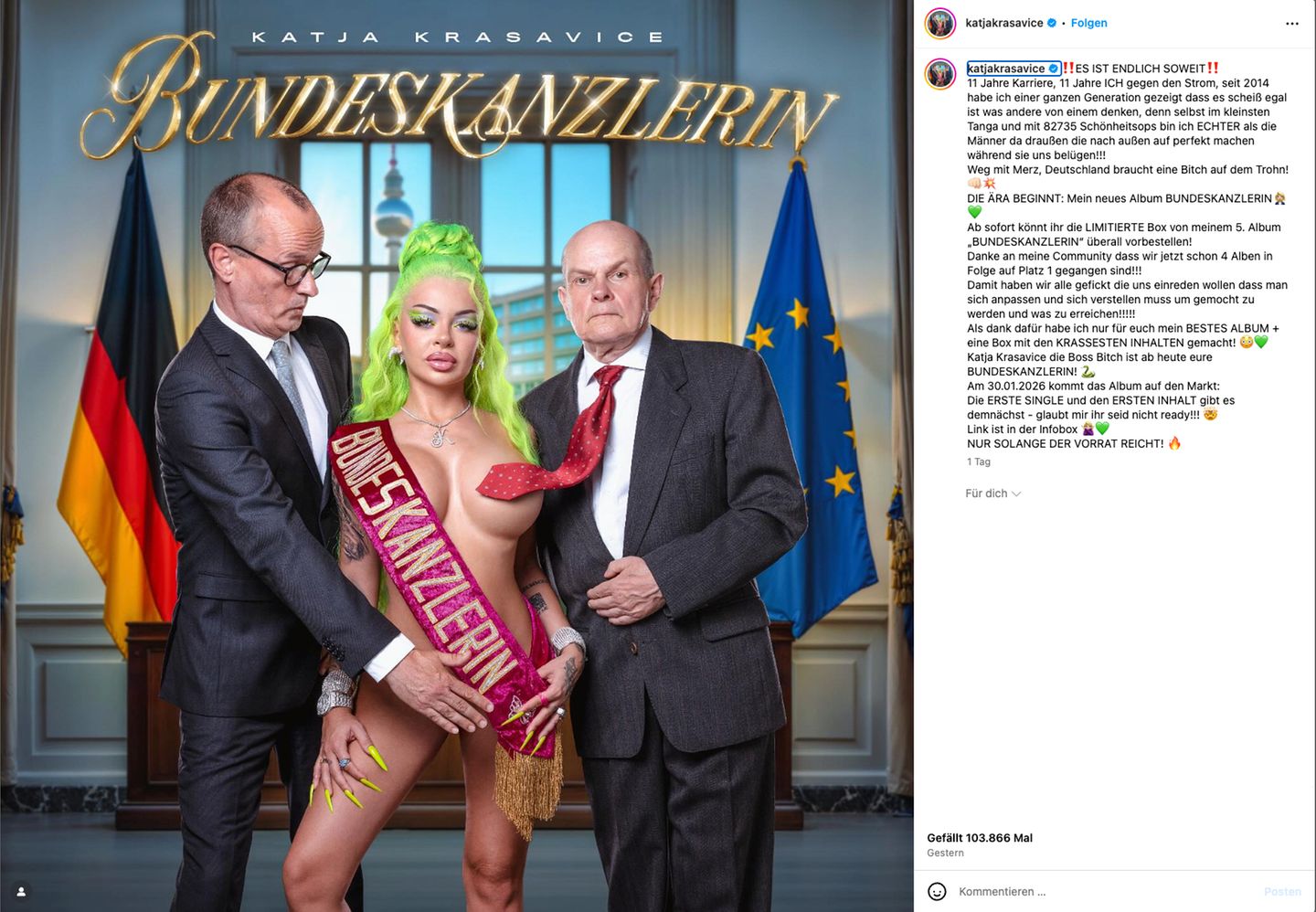 Vip-News: Katja Krasavice bewirbt neues Album mit nacktem Kanzlerbild