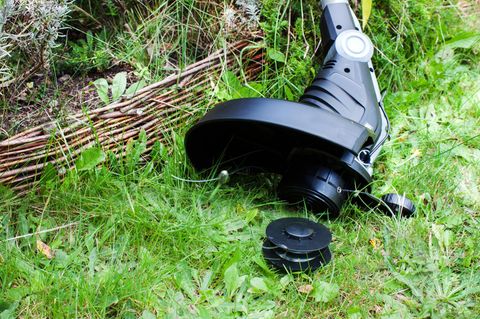 Bosch-Rasentrimmer gegen Holzzaun aus nächster Nähe