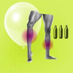 Illustration zu Schmerzen in den Beinen und Lachgas: Ballon, Beine und Kartuschen