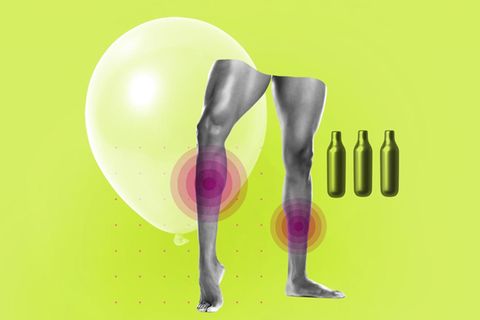 Illustration zu Schmerzen in den Beinen und Lachgas: Ballon, Beine und Kartuschen