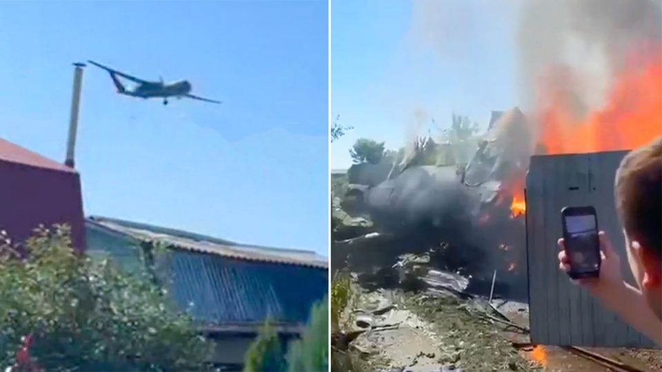 Riesen-Kampfdrohne Altius-U crasht in Wohngebiet Das brennende Wrack der russischen Kampfdrohne Altius-U