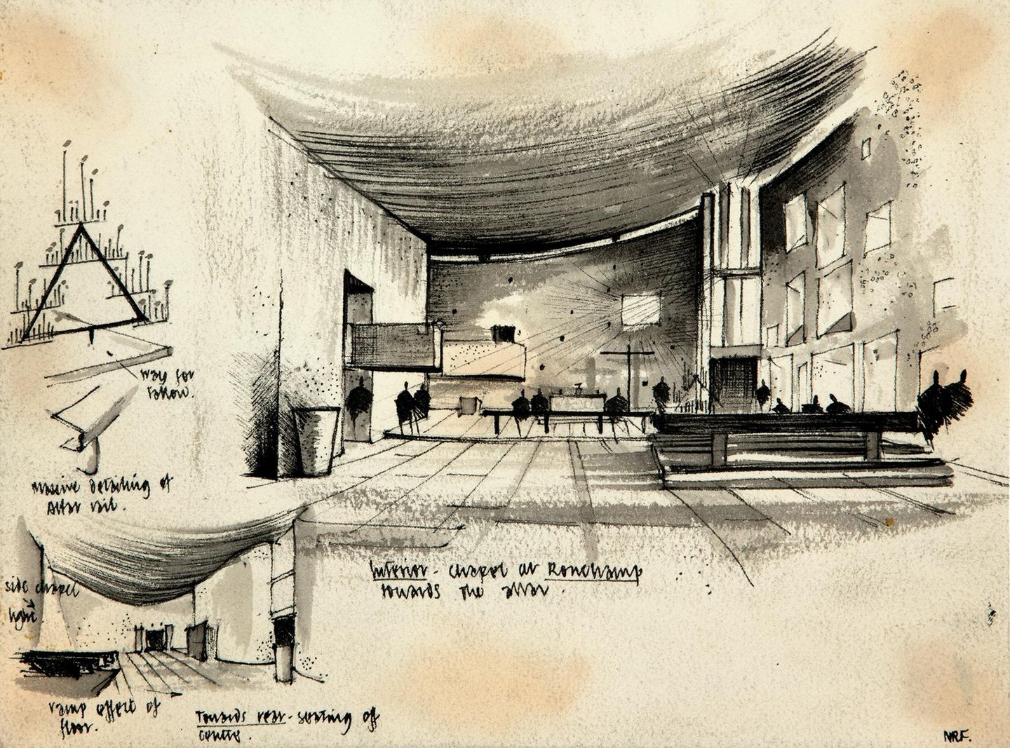 Norman Foster "Interieur der Kapelle von Ronchamp", Tinte und Wasserfarben, 1959