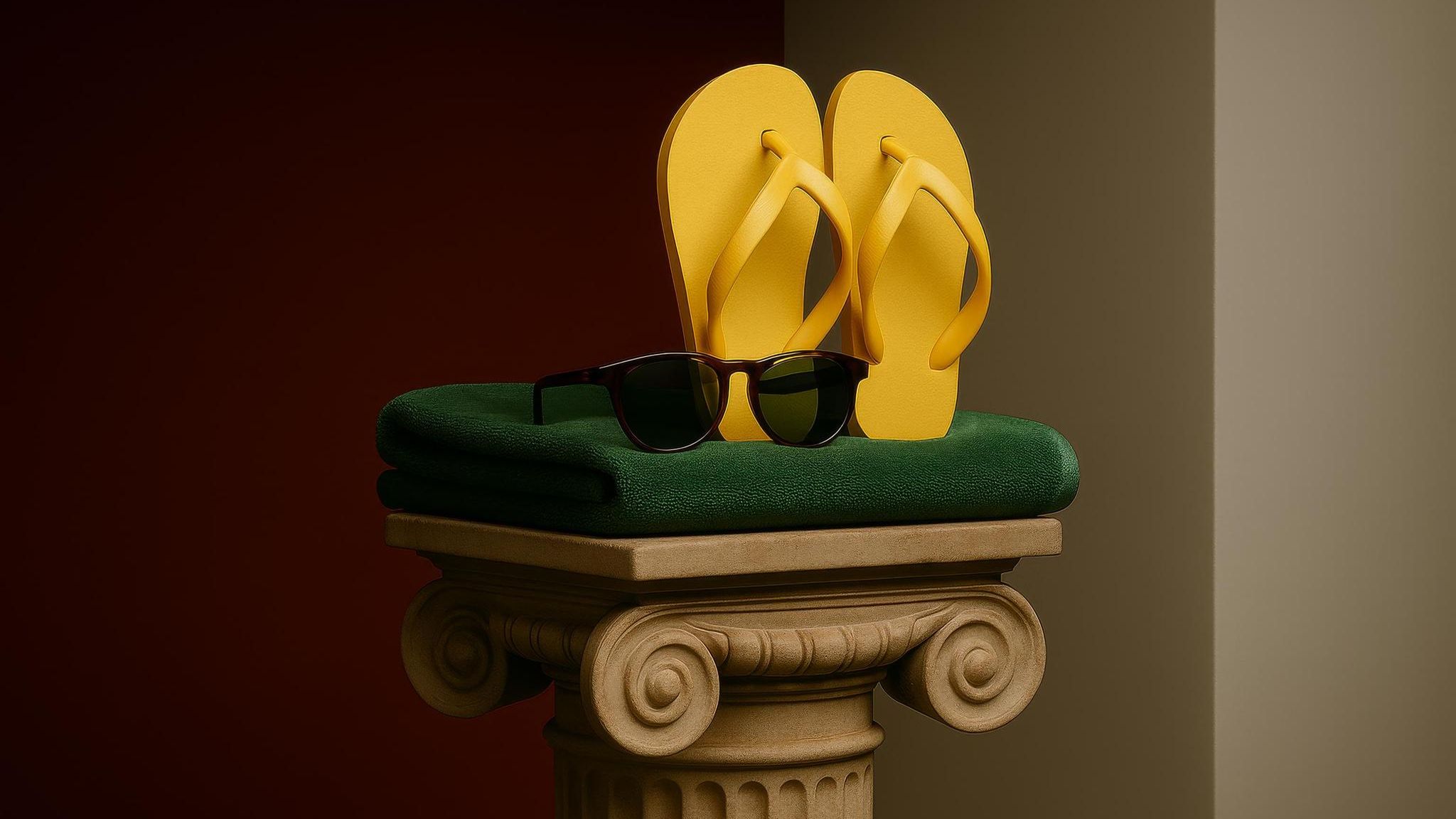 Illustration zum Thema Sparen im Urlaub: Flipflops und Sonnenbrille auf einem antiken Sockel