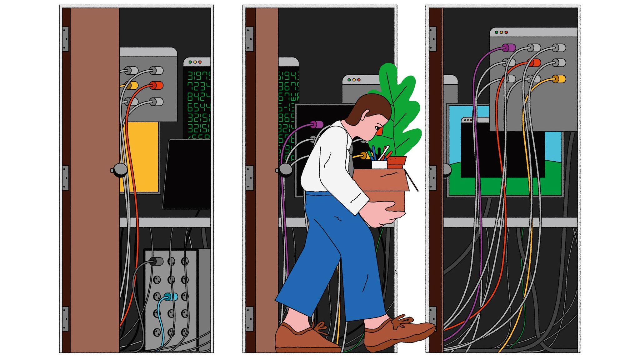 Illustration einer Person mit einem Karton voller Büroutensilien, die an einem Serverraum vorbeiläuft