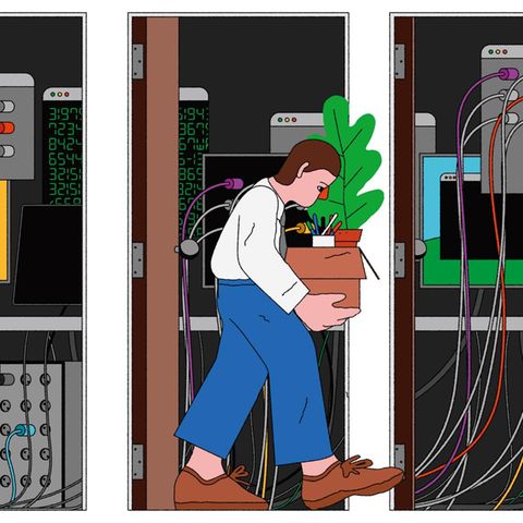 Illustration einer Person mit einem Karton voller Büroutensilien, die an einem Serverraum vorbeiläuft