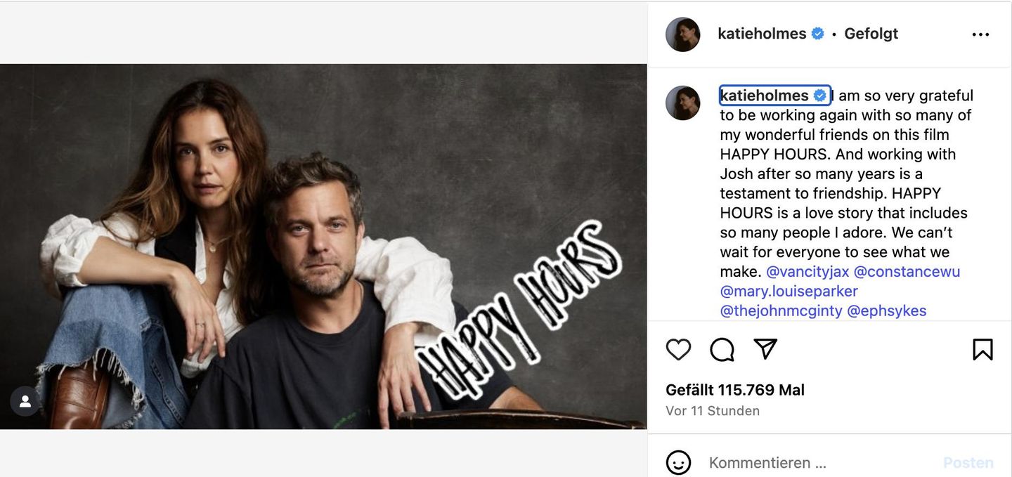 Katie Holmes zeigt auf Instagram ein erstes gemeinsames Bild von ihr und Joshua Jackson für "Happy Hours"