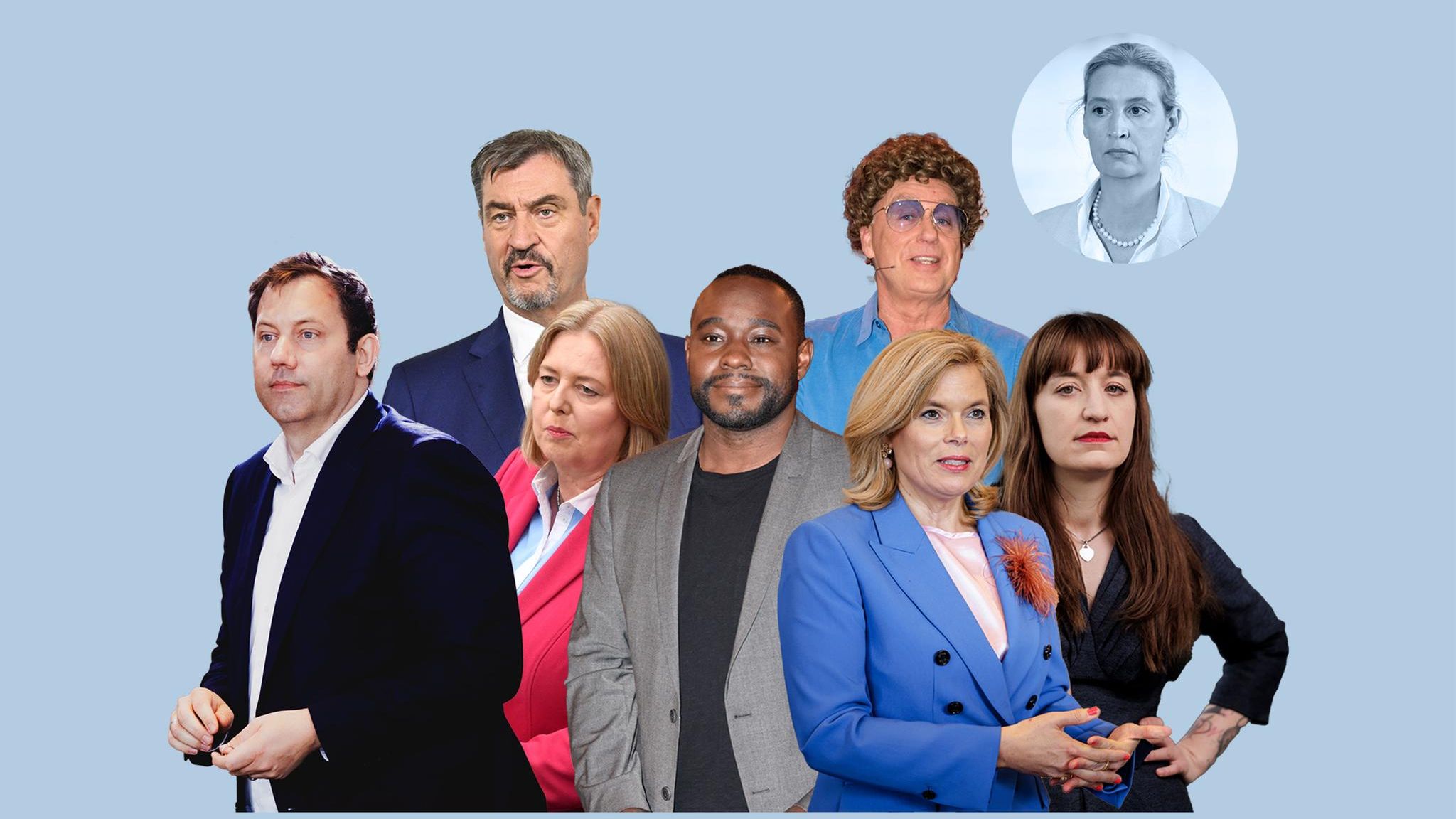 Collage aus Prominenten und Alice Weidel im Kreis oben rechts